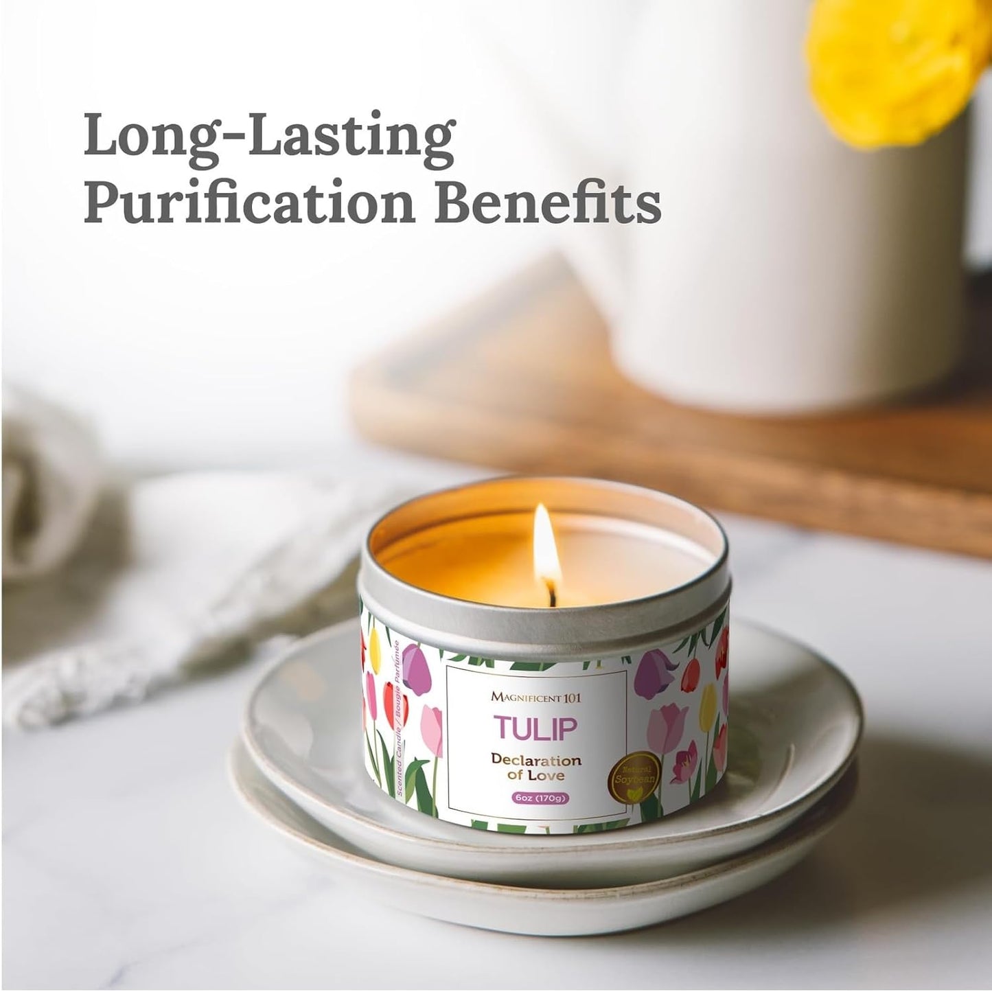 MAGNIFICENT101 Flower Intention Smudge Candle for House Energy Cleansing, Banishes Negative Energy I Purification and Chakra Healing - Natural Soy Wax Tin Candle 6Oz (Tulip)