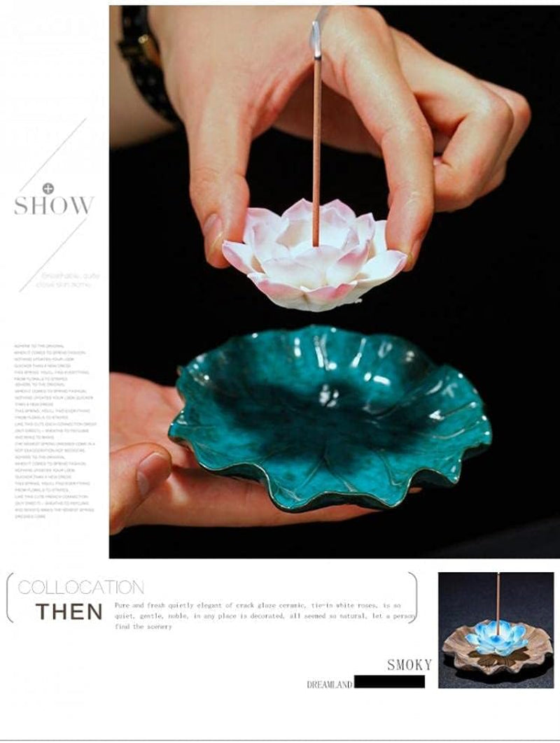 Incense Stick Holder Ceramic Lotus Burner Elegant Glaze Ash Incense Stick Burner Tray Decorative Bowl with 60 Sticks for Home Decor Yoga Meditation (Pink Lotus)