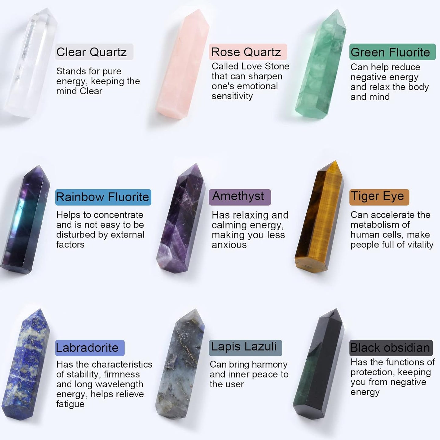 9 Sets Healing Crystal Wand, Amethyst Rose Quartz Clear Quartz Tiger Eye Obsidian Fluorite Labradorite Lapis Lazuli for Meditation Crystal Therapy Reiki Meditation Supplies(2-2.4 Inch)