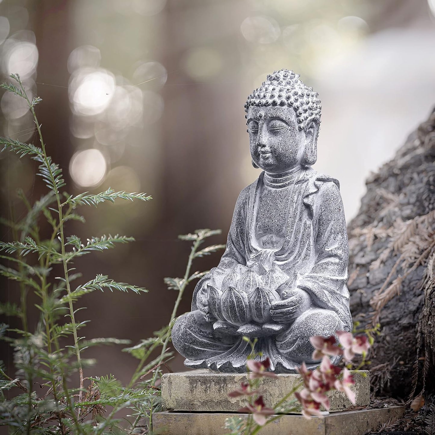 Rustic Meditation Buddha Statue with Solar Lights, Large Resin Zen Garden Sculptures & Statues with Stone Finish for Outdoor Patio Lawn Yard Decorations, 12.6 Inch