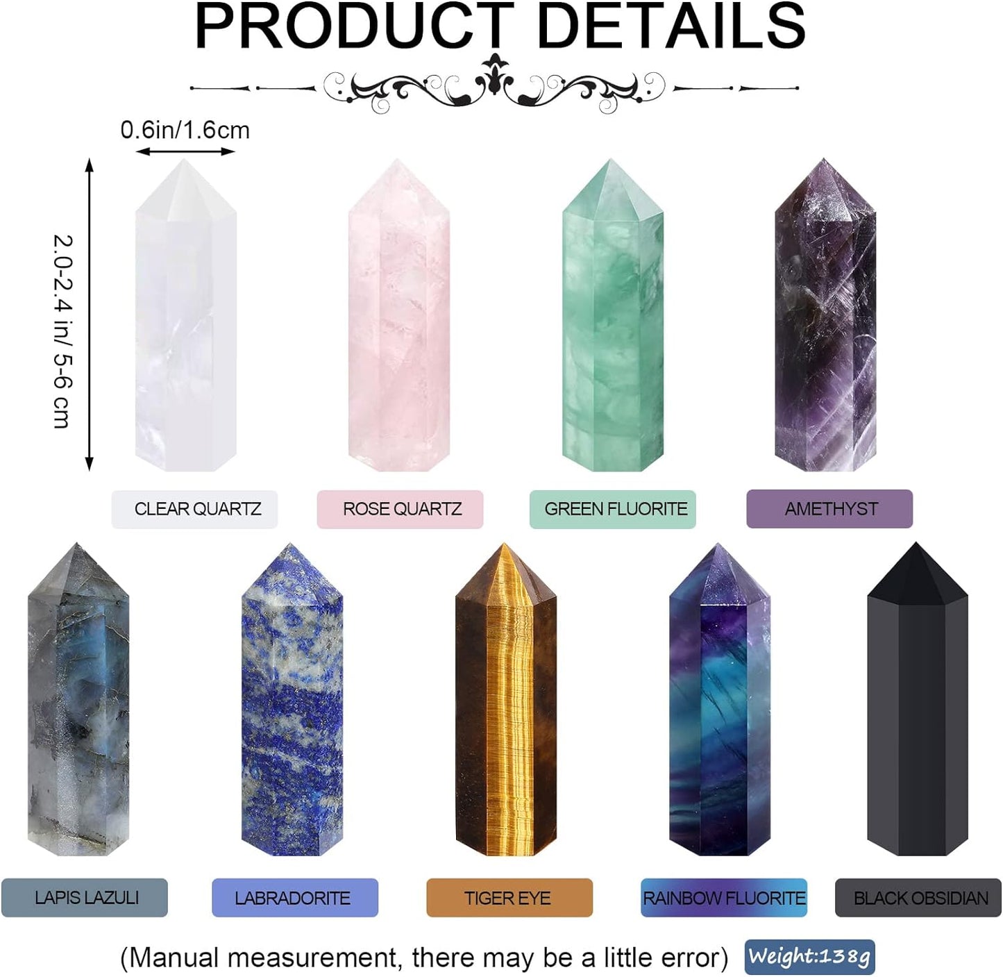 9 Sets Healing Crystal Wand, Amethyst Rose Quartz Clear Quartz Tiger Eye Obsidian Fluorite Labradorite Lapis Lazuli for Meditation Crystal Therapy Reiki Meditation Supplies(2-2.4 Inch)