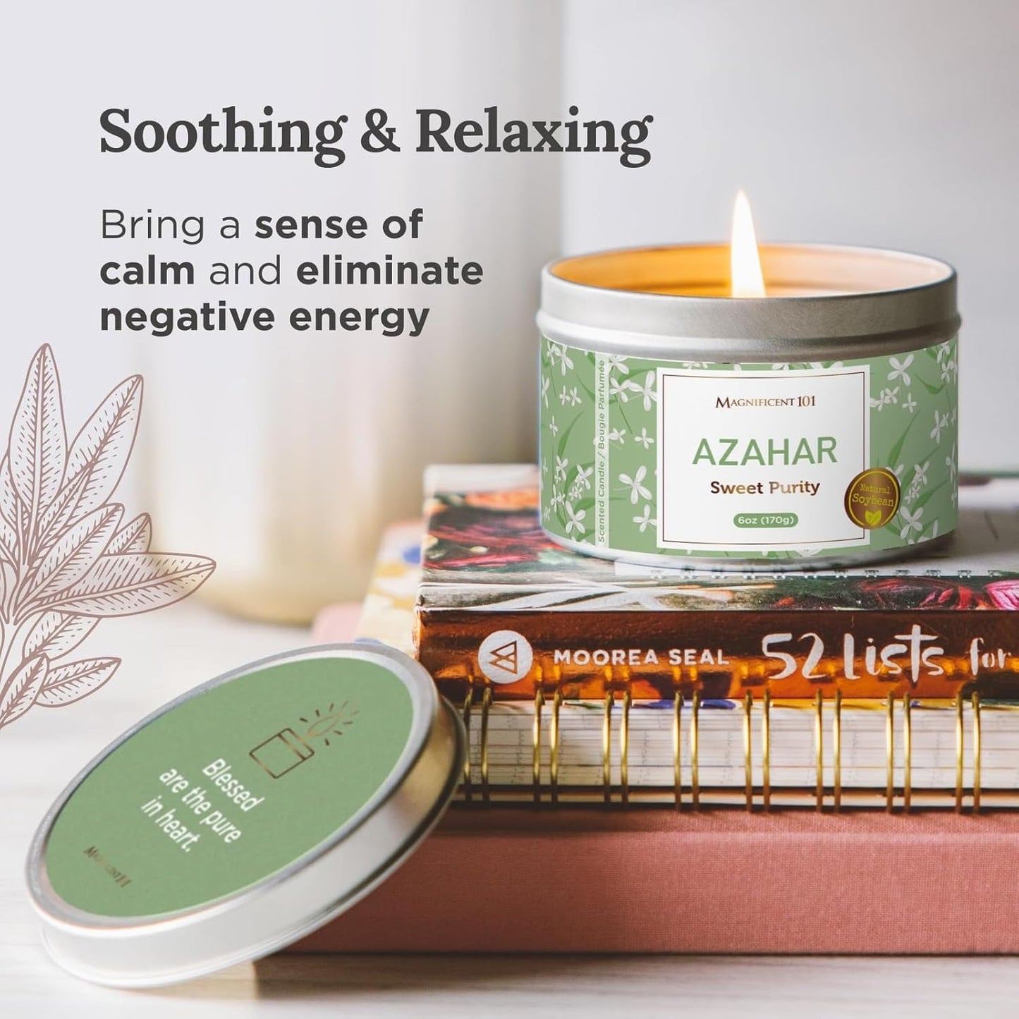 MAGNIFICENT101 Flower Intention Smudge Candle for House Energy Cleansing, Banishes Negative Energy I Purification and Chakra Healing - Natural Soy Wax Tin Candle 6Oz (AZAHAR)