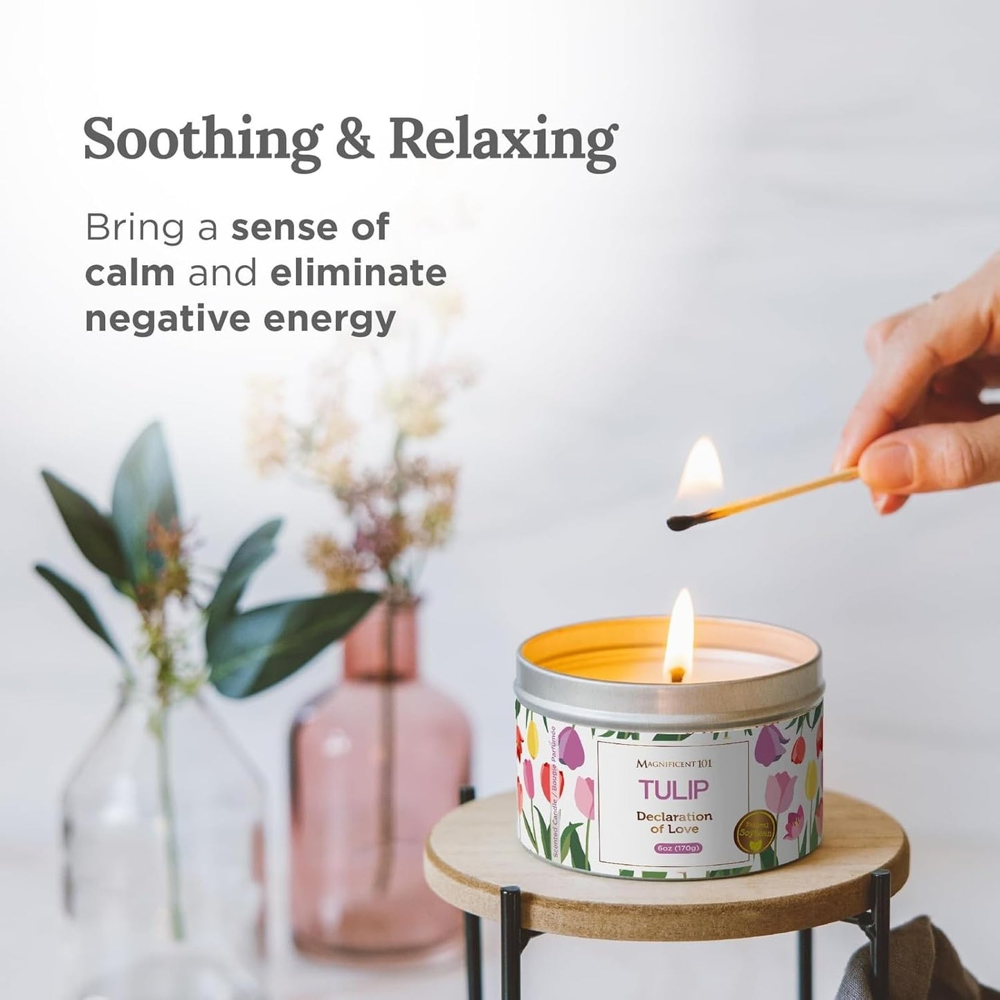 MAGNIFICENT101 Flower Intention Smudge Candle for House Energy Cleansing, Banishes Negative Energy I Purification and Chakra Healing - Natural Soy Wax Tin Candle 6Oz (Tulip)