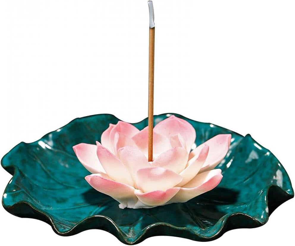 Incense Stick Holder Ceramic Lotus Burner Elegant Glaze Ash Incense Stick Burner Tray Decorative Bowl with 60 Sticks for Home Decor Yoga Meditation (Pink Lotus)
