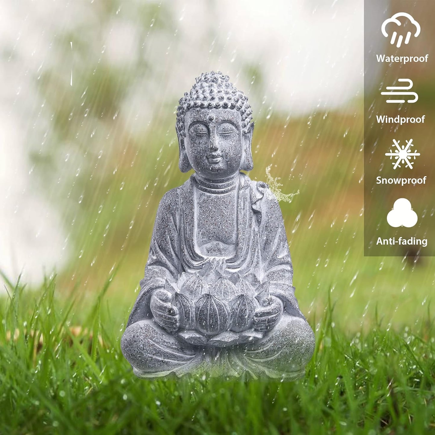 Rustic Meditation Buddha Statue with Solar Lights, Large Resin Zen Garden Sculptures & Statues with Stone Finish for Outdoor Patio Lawn Yard Decorations, 12.6 Inch
