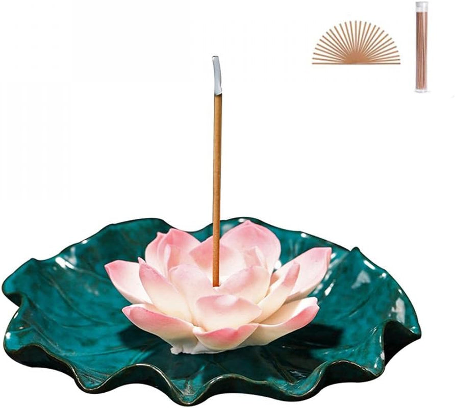 Incense Stick Holder Ceramic Lotus Burner Elegant Glaze Ash Incense Stick Burner Tray Decorative Bowl with 60 Sticks for Home Decor Yoga Meditation (Pink Lotus)