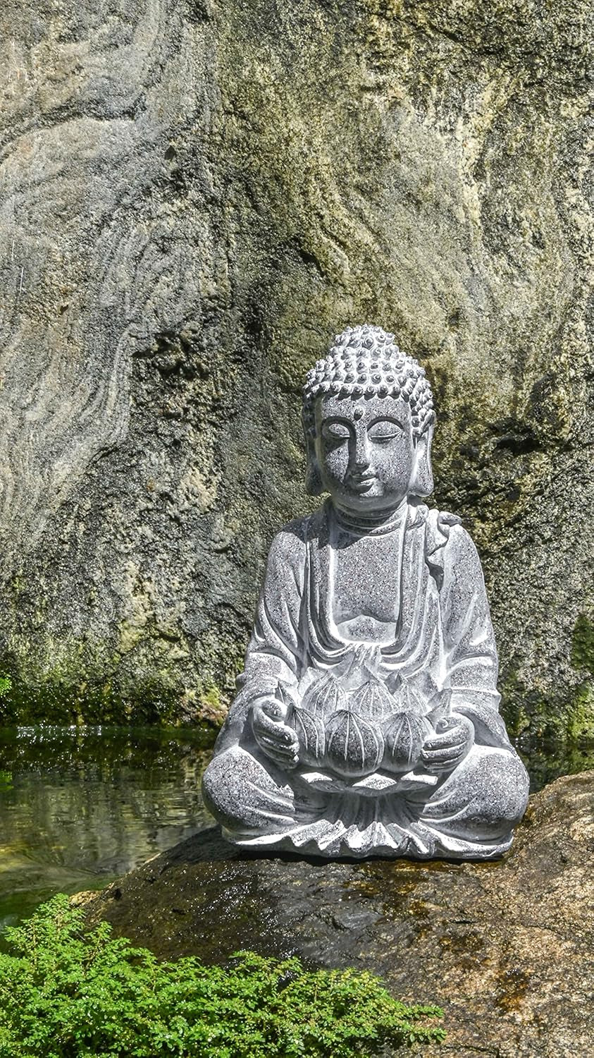 Rustic Meditation Buddha Statue with Solar Lights, Large Resin Zen Garden Sculptures & Statues with Stone Finish for Outdoor Patio Lawn Yard Decorations, 12.6 Inch