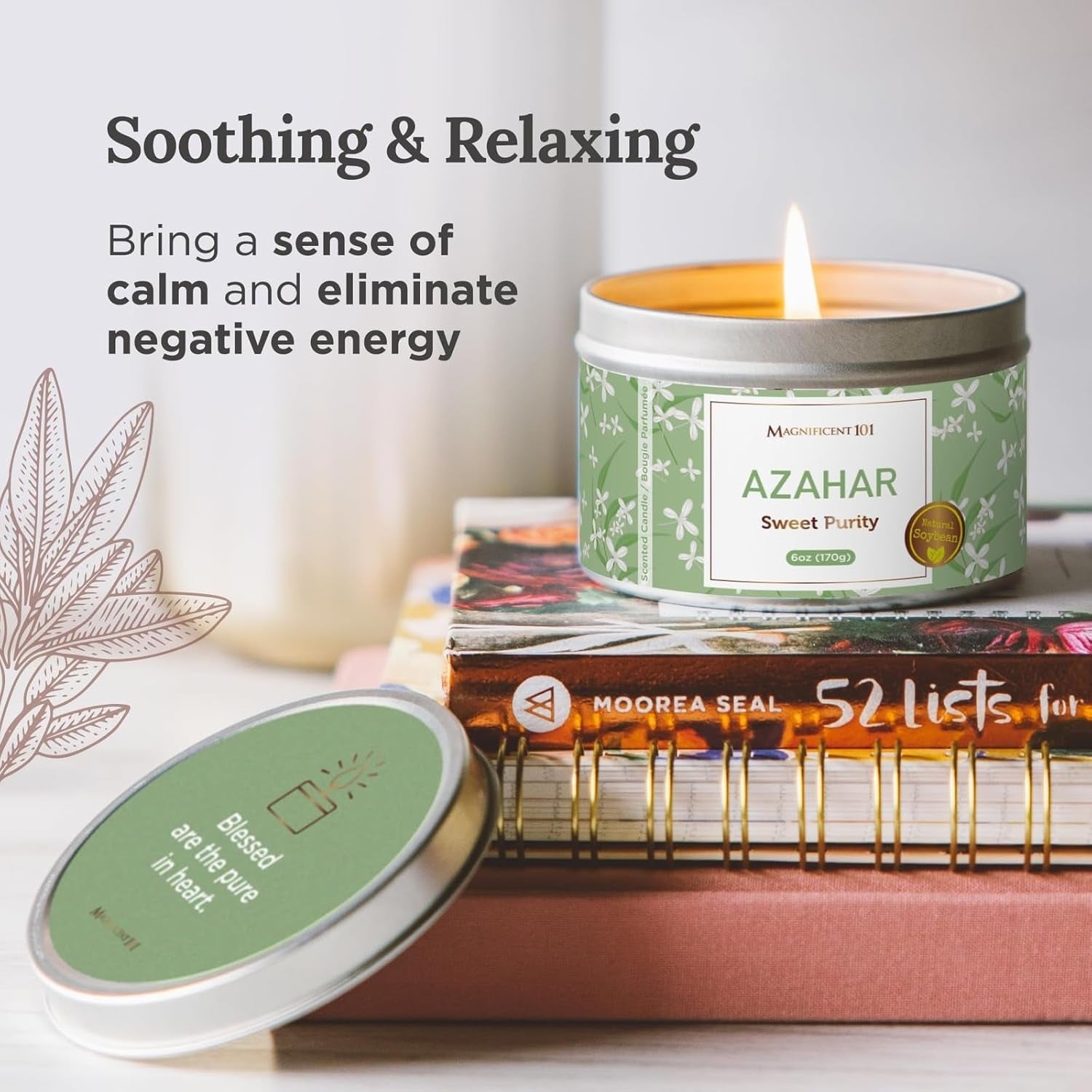 MAGNIFICENT101 Flower Intention Smudge Candle for House Energy Cleansing, Banishes Negative Energy I Purification and Chakra Healing - Natural Soy Wax Tin Candle 6Oz (AZAHAR)