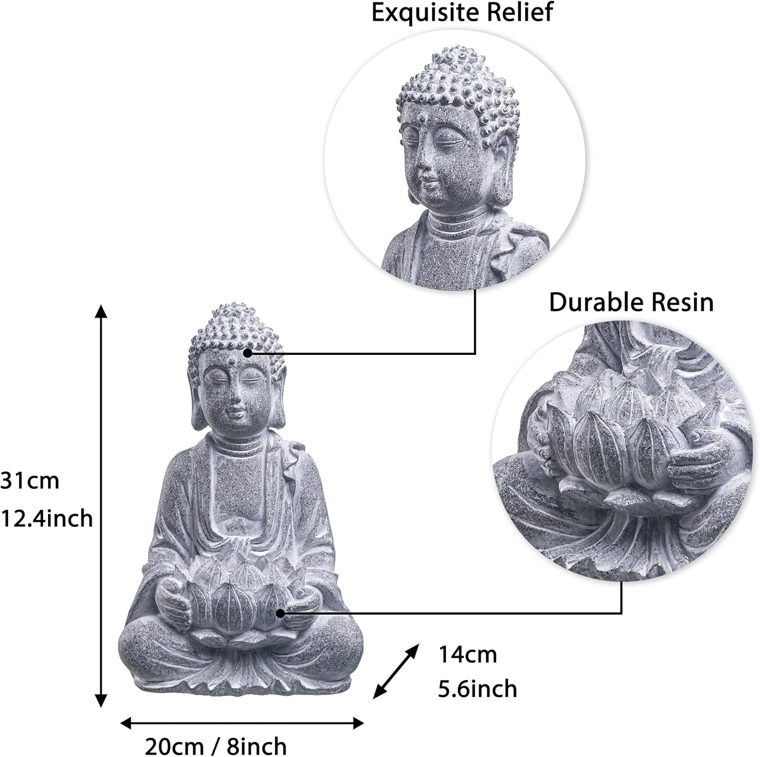 Rustic Meditation Buddha Statue with Solar Lights, Large Resin Zen Garden Sculptures & Statues with Stone Finish for Outdoor Patio Lawn Yard Decorations, 12.6 Inch
