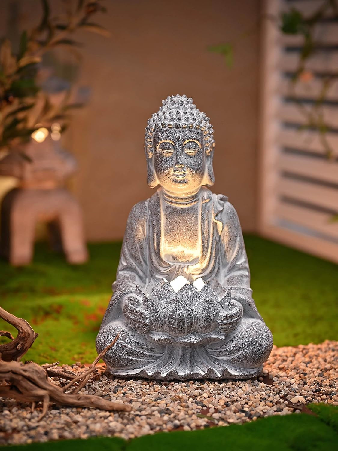 Rustic Meditation Buddha Statue with Solar Lights, Large Resin Zen Garden Sculptures & Statues with Stone Finish for Outdoor Patio Lawn Yard Decorations, 12.6 Inch