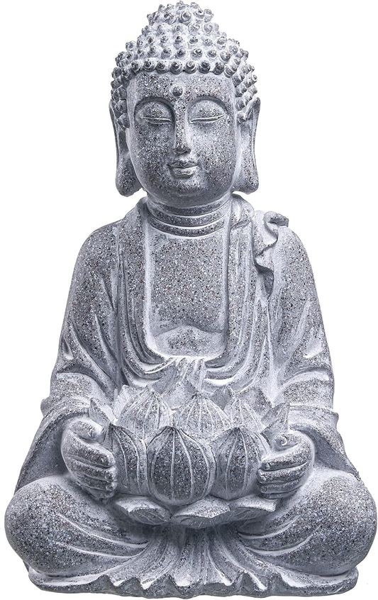 Rustic Meditation Buddha Statue with Solar Lights, Large Resin Zen Garden Sculptures & Statues with Stone Finish for Outdoor Patio Lawn Yard Decorations, 12.6 Inch