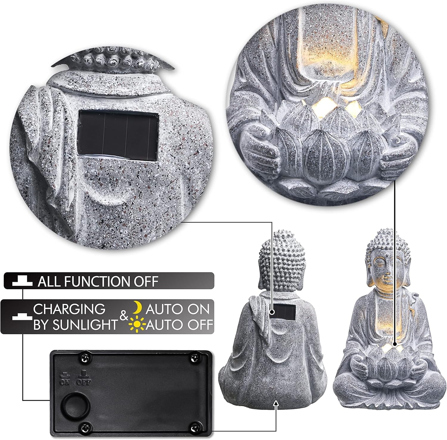 Rustic Meditation Buddha Statue with Solar Lights, Large Resin Zen Garden Sculptures & Statues with Stone Finish for Outdoor Patio Lawn Yard Decorations, 12.6 Inch