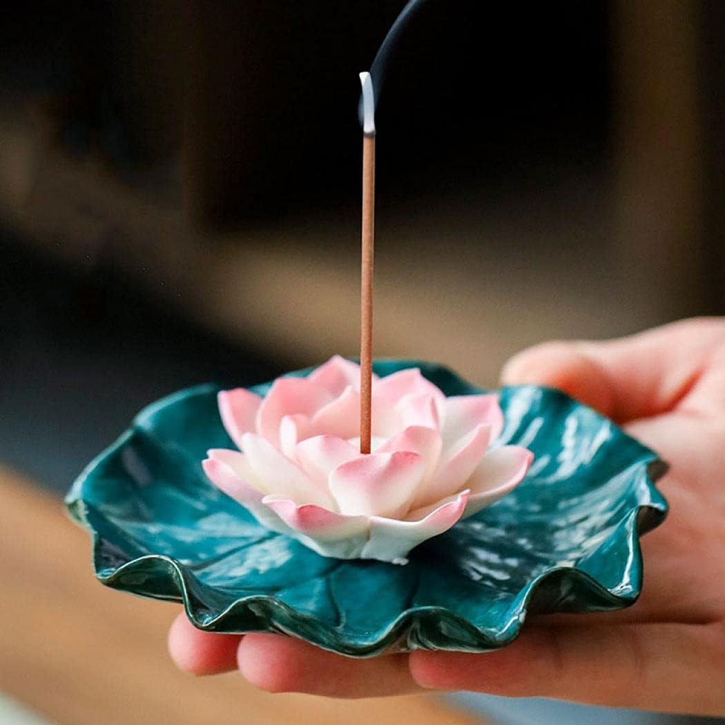 Incense Stick Holder Ceramic Lotus Burner Elegant Glaze Ash Incense Stick Burner Tray Decorative Bowl with 60 Sticks for Home Decor Yoga Meditation (Pink Lotus)